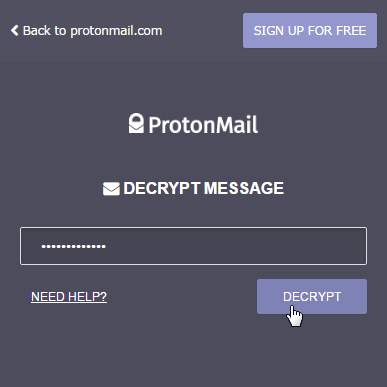 プロトンメールの受信側でメッセージ復号の為のパスワードを入力する画面