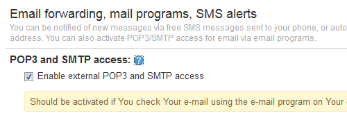 Mail.eeのオプション画面。「Enable external POP3 and SMTP access」をチェックしてPOP3とSMTPを有効にしています。